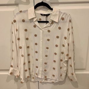 Zara Ecru/Pink Polka Dot Button Down Shirt, XS